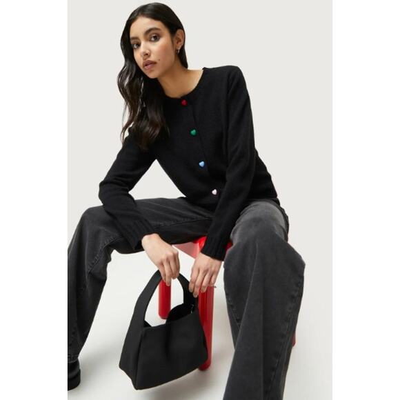 NWT Compania Fantastica Black Multicolor Heart Button Cardigan Womens Small - Picture 1 of 9